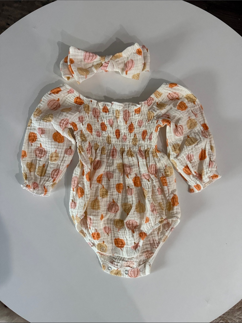 Chickpea Cream Pumpkin-Print Smocked Baby One-Piece with Headband NWOT